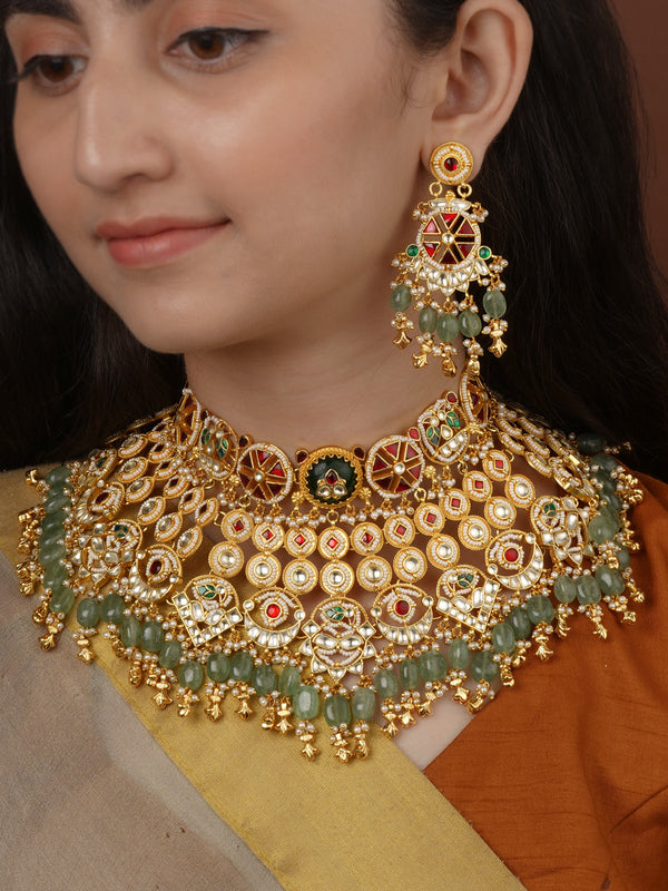 Multicolor Gold Plated Jadau Kundan Bridal Necklace Set - MS2701M