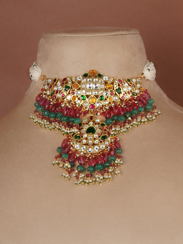 Multicolor Gold Plated Jadau Kundan Necklace Set - MS2706M