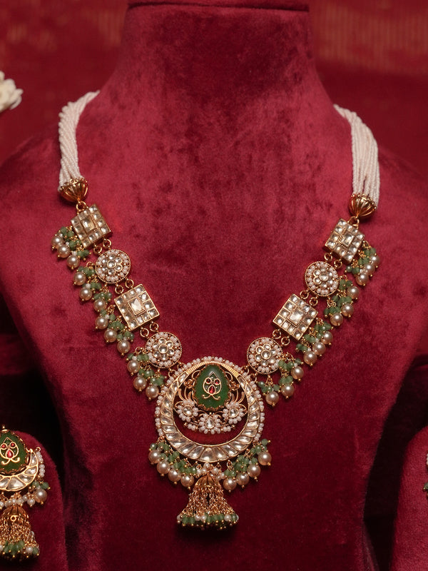 Green Color Gold Plated Jadau Kundan Necklace Set - MS2707Y