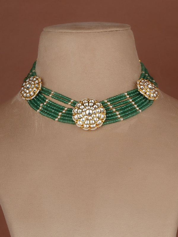 Green Color Gold Plated Jadau Kundan Necklace Set - MS2708
