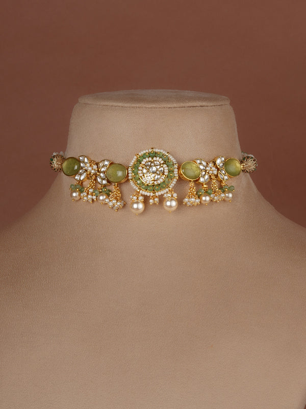 Green Color Gold Plated Jadau Kundan Necklace Set - MS2710