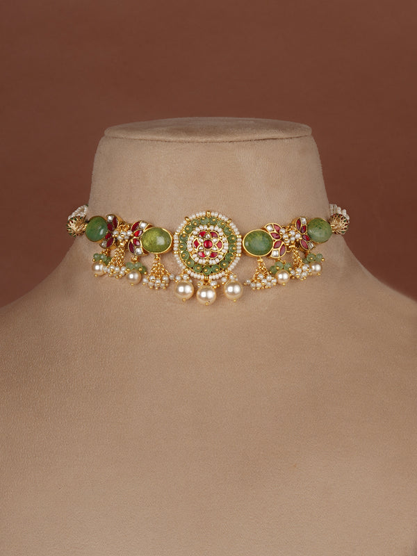Green Color Gold Plated Jadau Kundan Necklace Set - MS2710