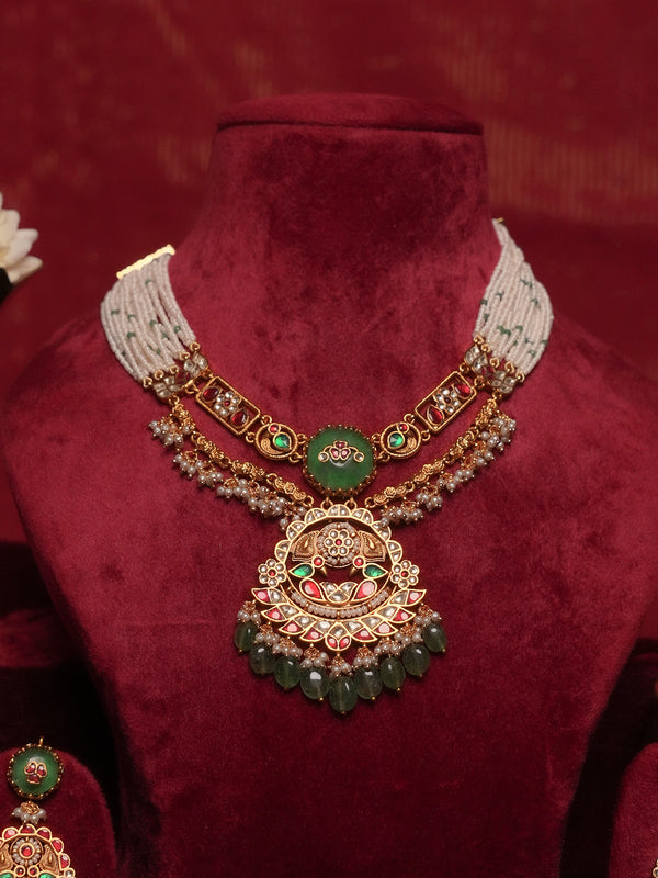 Multicolor Gold Plated Jadau Kundan Necklace Set - MS2711M