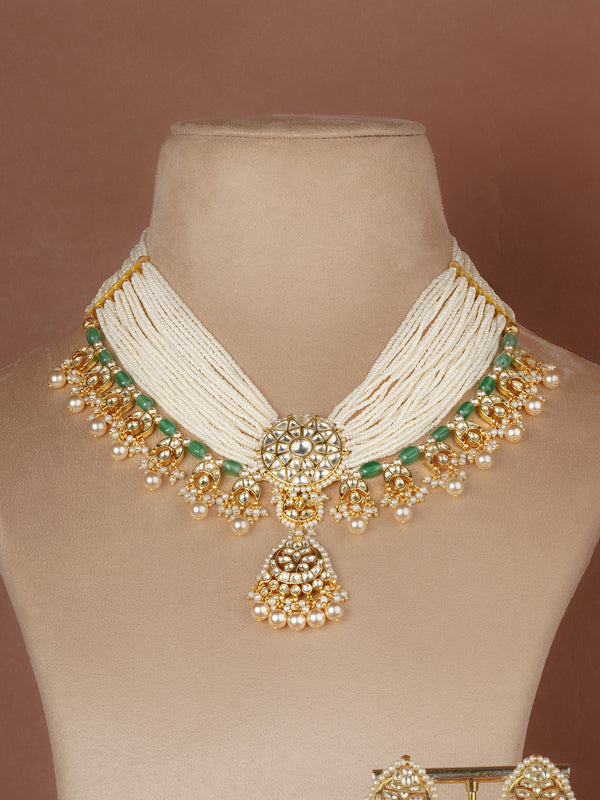 Green Color Gold Plated Jadau Kundan Necklace Set - MS2712Y