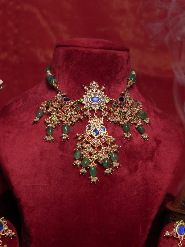 Multicolor Gold Plated Jadau Kundan Necklace Set - MS2713M