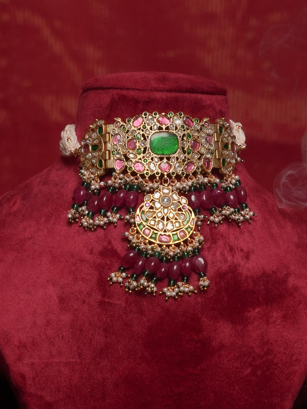 Multicolor Gold Plated Jadau Kundan Necklace Set - MS2714M