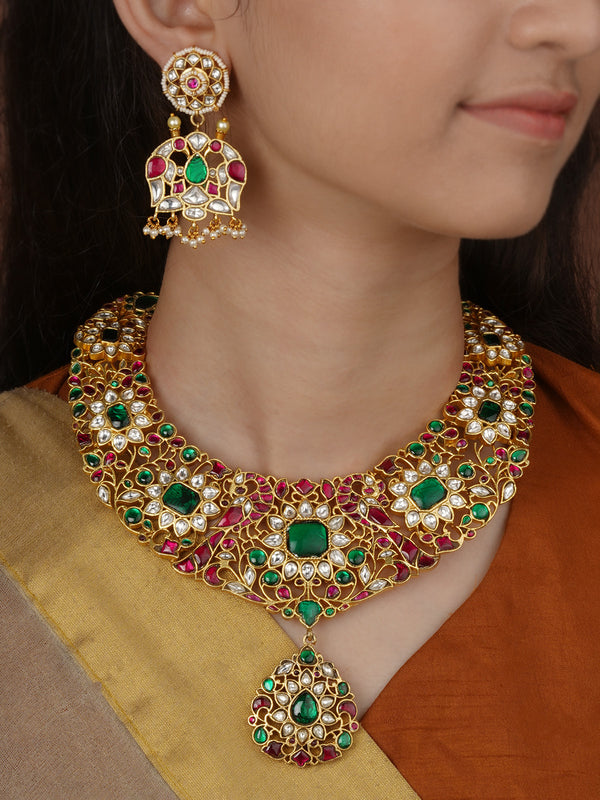 Multicolor Gold Plated Jadau Kundan Necklace Set - MS2719M