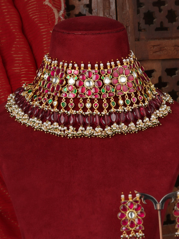Multicolor Gold Plated Jadau Kundan Necklace Set - MS2722M