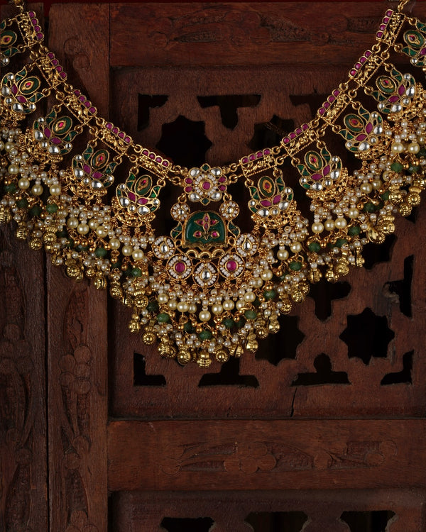 Multicolor Gold Plated Jadau Kundan Necklace Set - MS2727M
