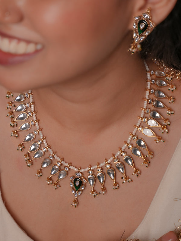 Green Color Gold Plated Jadau Kundan Necklace Set - MS2730WGR