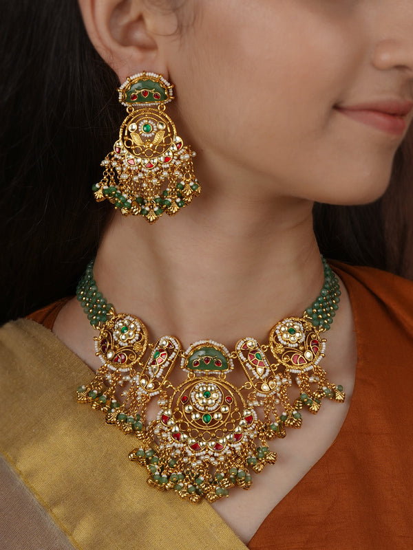 Multicolor Gold Plated Jadau Kundan Necklace Set - MS2733M