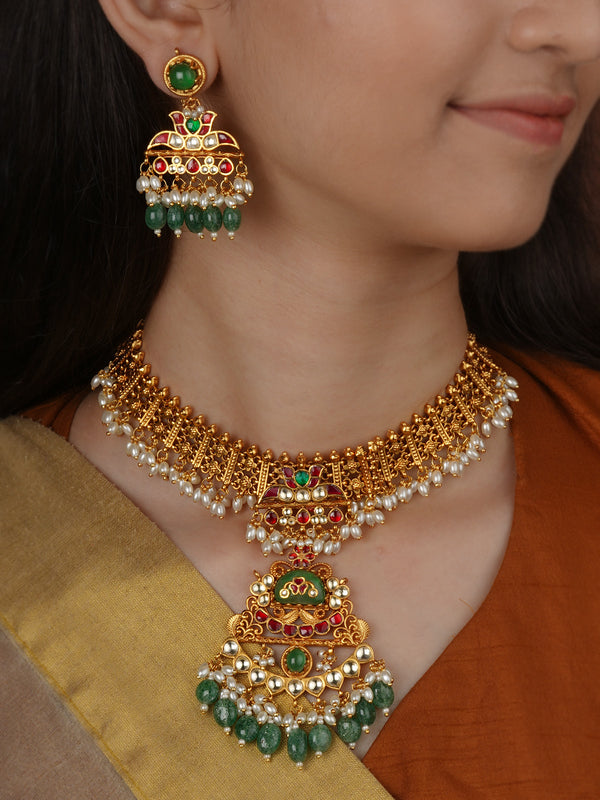 Multicolor Gold Plated Jadau Kundan Necklace Set - MS2735M