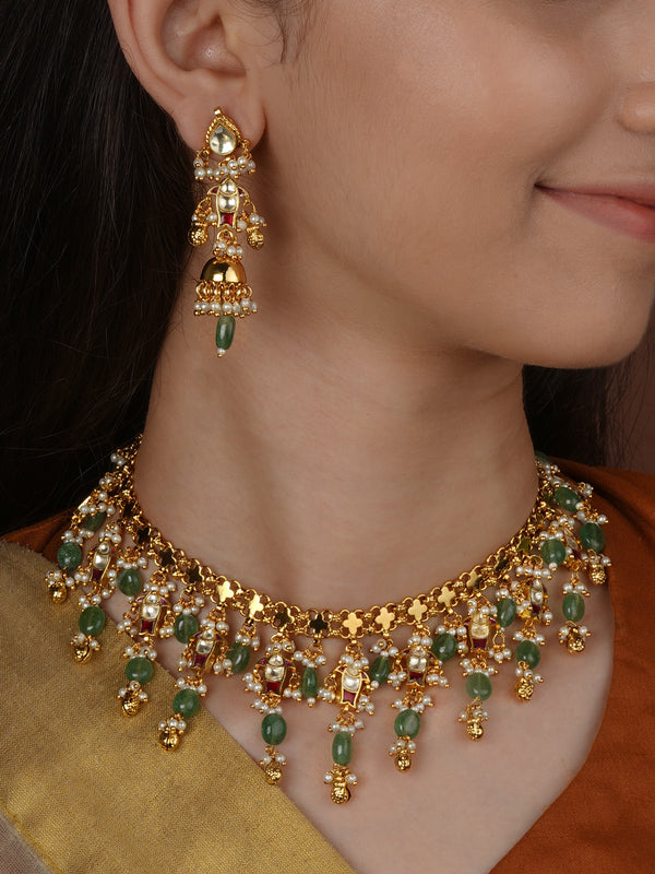 Maroon Color Gold Plated Jadau Kundan Necklace Set - MS2736M