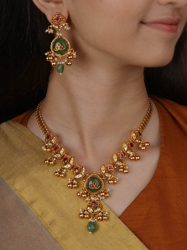 Multicolor Gold Plated Jadau Kundan Necklace Set - MS2737M