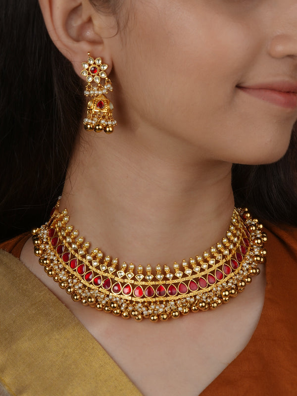 Red Color Gold Plated Jadau Kundan Necklace Set - MS2738YR