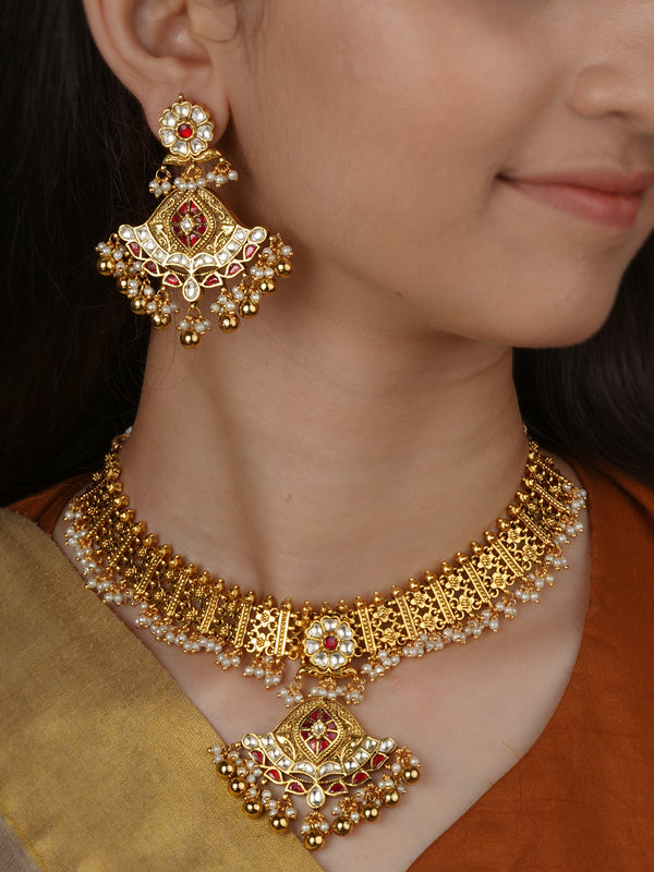 Red Color Gold Plated Jadau Kundan Necklace Set - MS2739YR