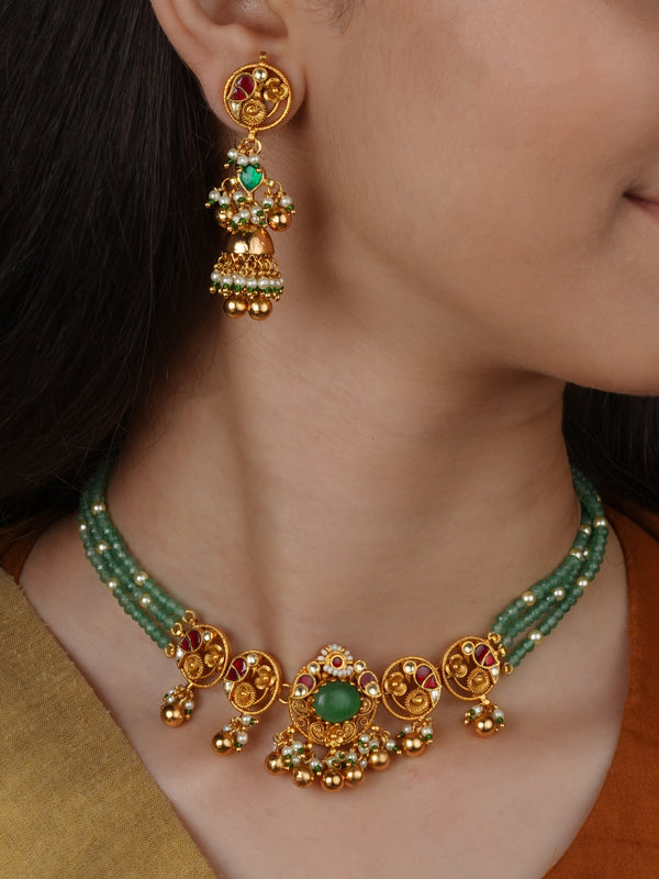 Multicolor Gold Plated Jadau Kundan Necklace Set - MS2741M