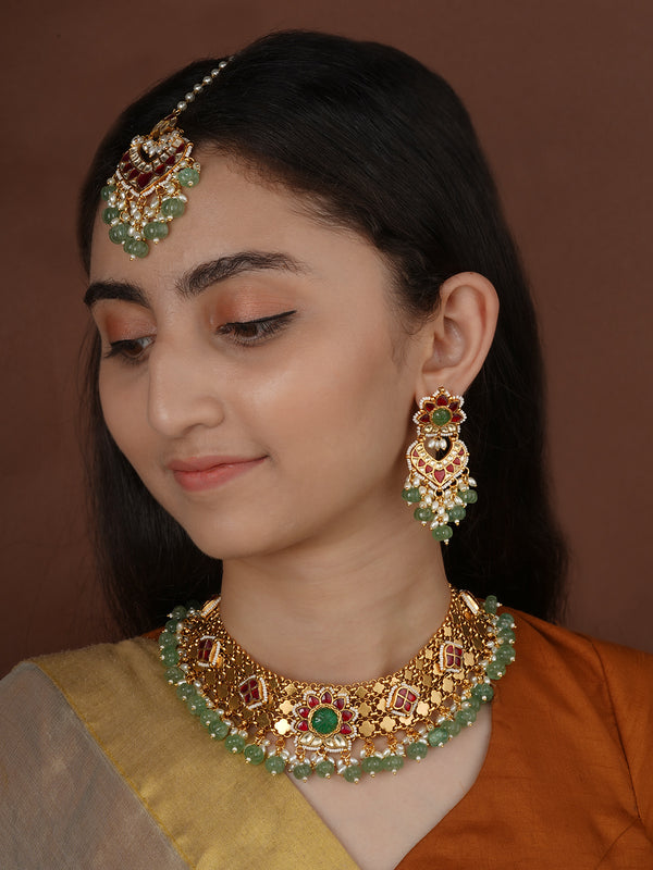 Multicolor Gold Plated Jadau Kundan Bridal Necklace Set - MS2742M