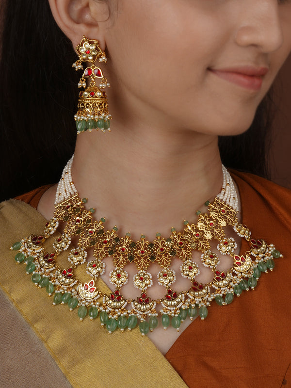 Multicolor Gold Plated Jadau Kundan Necklace Set - MS2746M