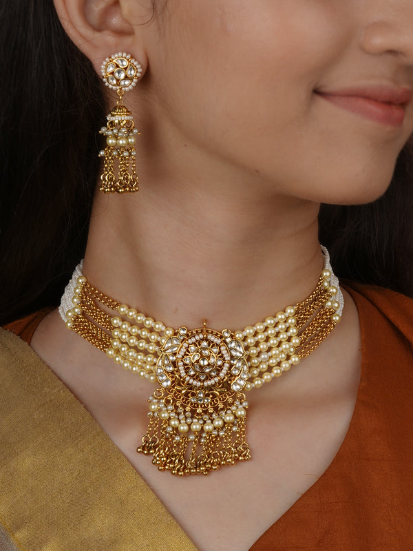 White Color Gold Plated Jadau Kundan Necklace Set - MS2747