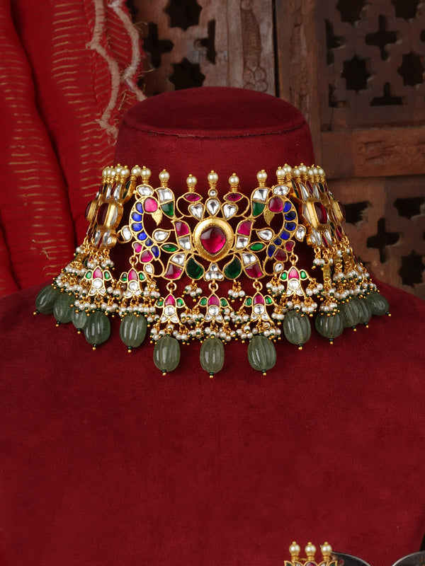 Multicolor Gold Plated Jadau Kundan Necklace Set - MS2749M