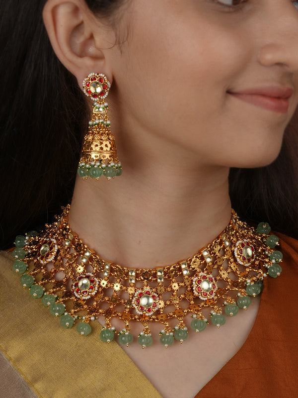 Multicolor Gold Plated Jadau Kundan Necklace Set - MS2751M