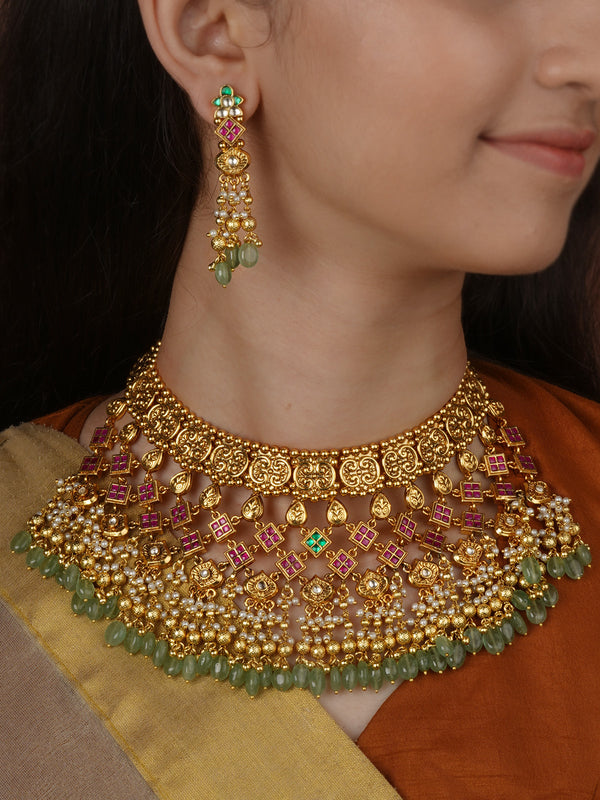 Multicolor Gold Plated Jadau Kundan Necklace Set - MS2752M