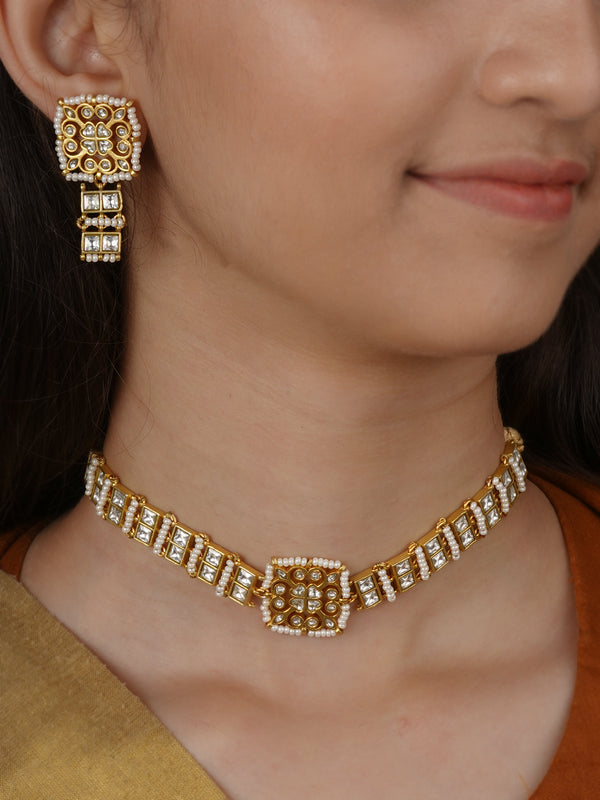 White Color Gold Plated Jadau Kundan Necklace Set - MS2755