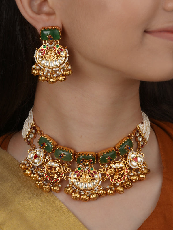 Multicolor Gold Plated Jadau Kundan Necklace Set - MS2758M