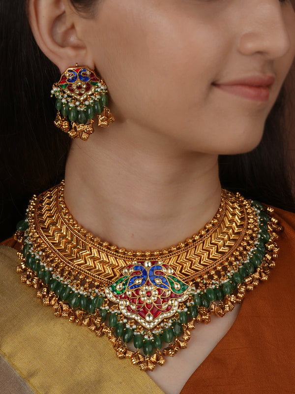 Multicolor Gold Plated Jadau Kundan Necklace Set - MS2759M