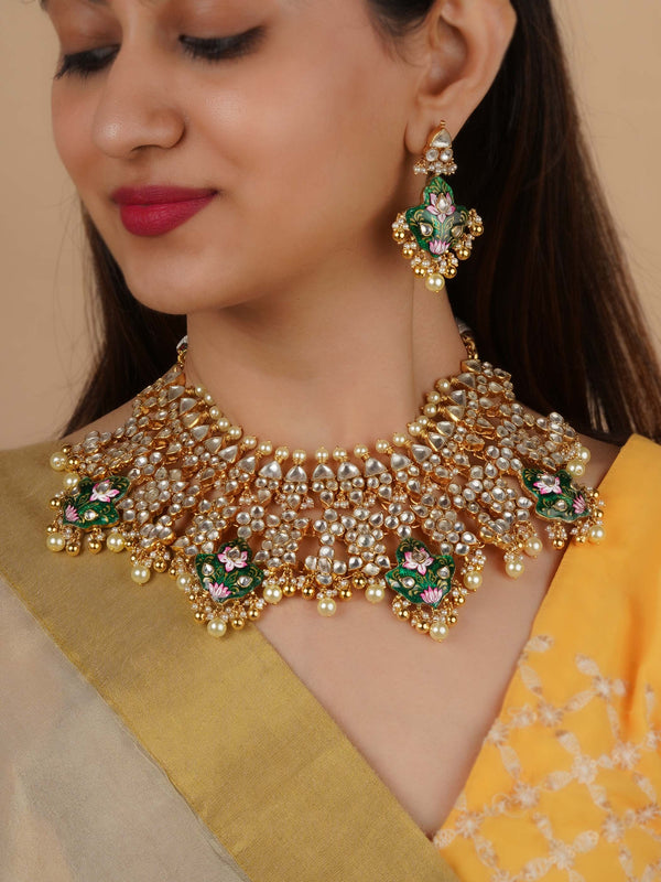 MS436 - Multicolor Gold Plated Jadau Kundan Necklace Set