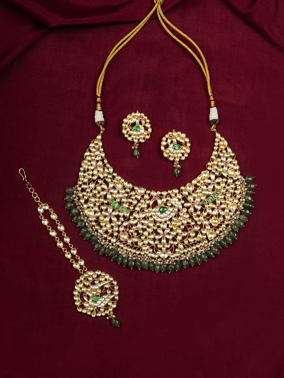 MS449 - Green Color Gold Plated Jadau Kundan Necklace Set