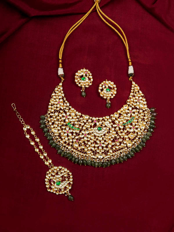 MS449 - Green Color Gold Plated Jadau Kundan Bridal Necklace Set
