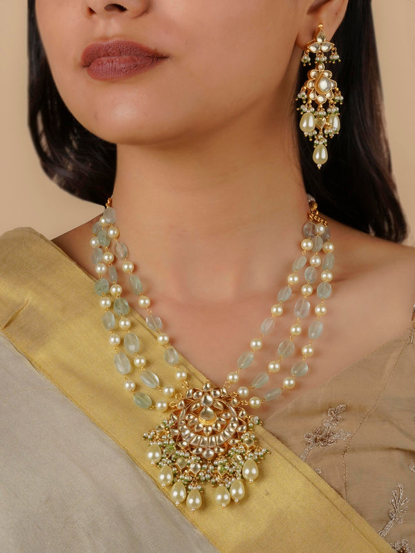 MS718Y - Green Color Gold Plated Jadau Kundan Necklace Set