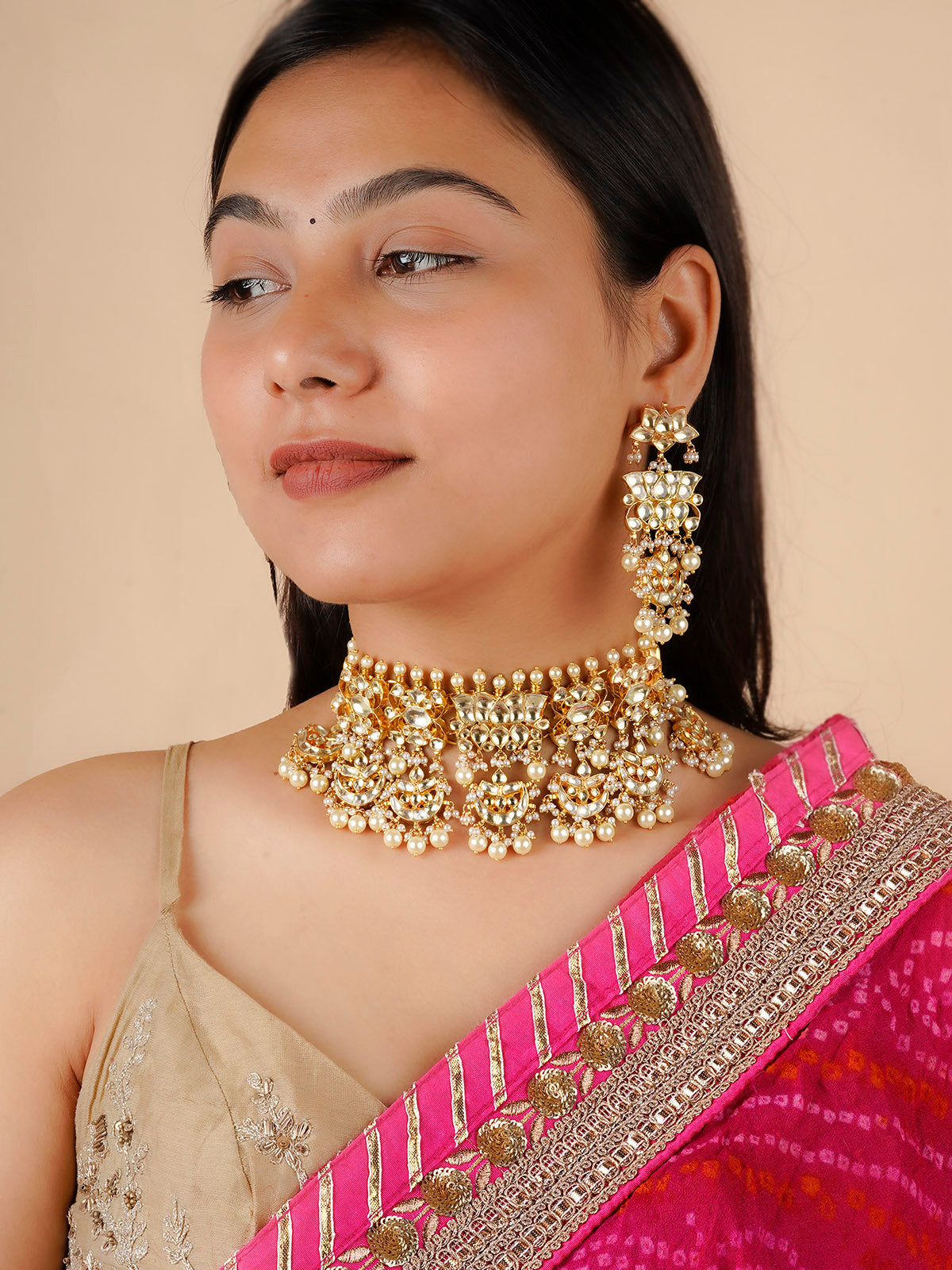 MS725YA - White Color Gold Plated Jadau Kundan Necklace Set