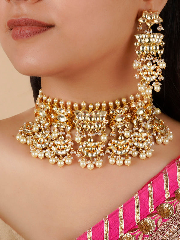 MS725YA - White Color Gold Plated Jadau Kundan Necklace Set