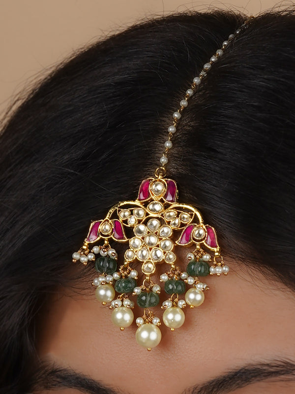 MT339 - Pink Color Gold Plated Jadau Kundan Mangteeka