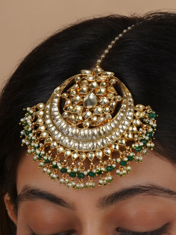 MT435 - Green Color Gold Plated Jadau Kundan Maangteeka