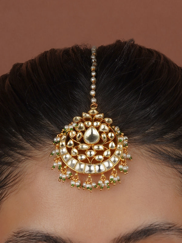 Green Color Gold Plated Jadau Kundan Maangteeka - MT506Y