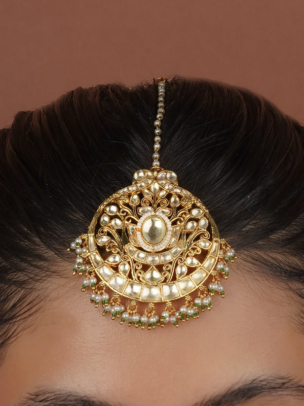 Green Color Gold Plated Jadau Kundan Maangteeka - MT510Y