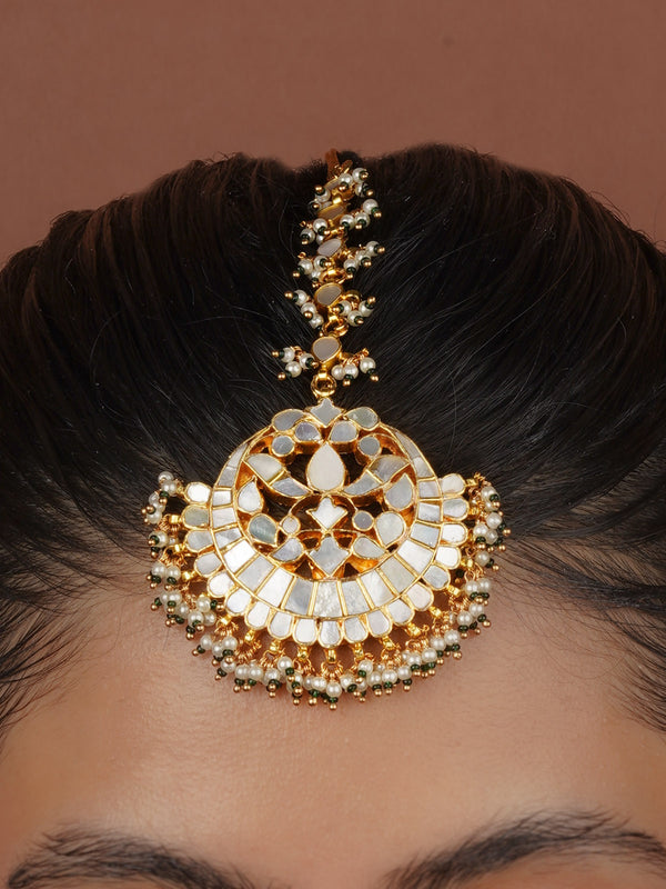 Green Color Gold Plated Jadau Kundan Maangteeka - MT516