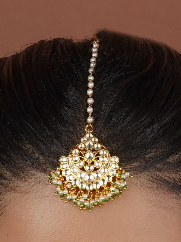 Green Color Gold Plated Jadau Kundan Maangteeka - MT517Y