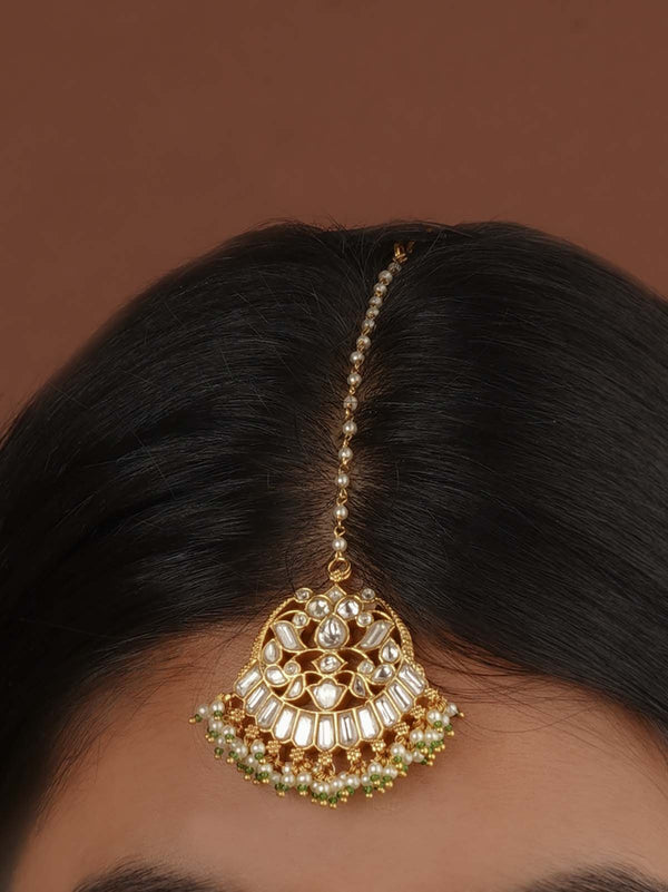 Green Color Gold Plated Jadau Kundan Maangteeka - MT525