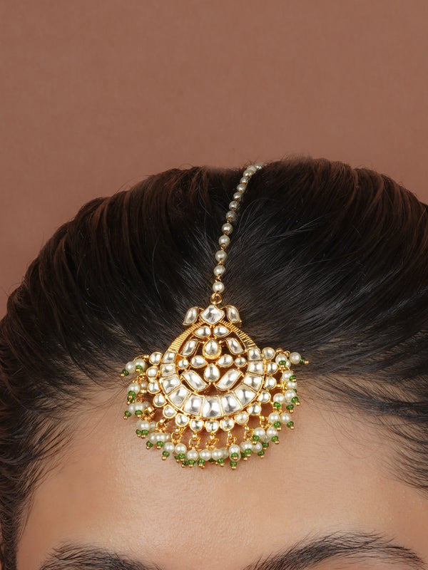 Green Color Gold Plated Jadau Kundan Maangteeka - MT531