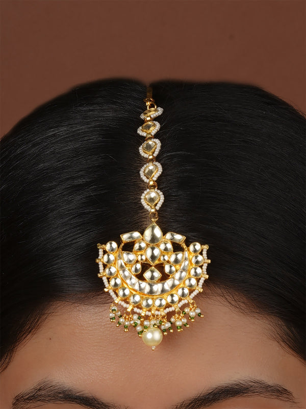 Green Color Gold Plated Jadau Kundan Maangteeka - MT538Y