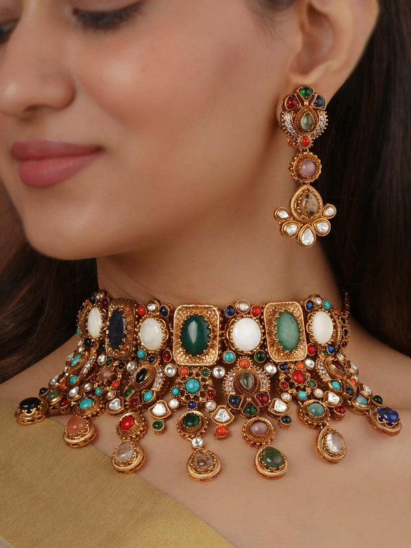 Navratna Gold Plated Navratna Necklace Set - NR-S11
