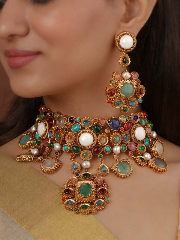 Navratna Gold Plated Navratna Necklace Set - NR-S17