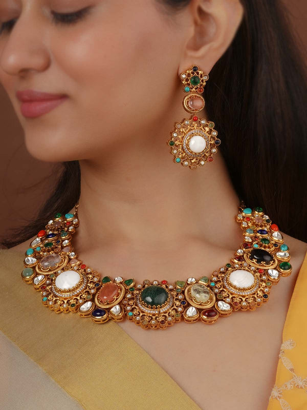 Navratna Gold Plated Navratna Necklace Set - NR-S18