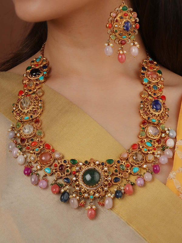 Navratna Gold Plated Navratna Necklace Set - NR-S19