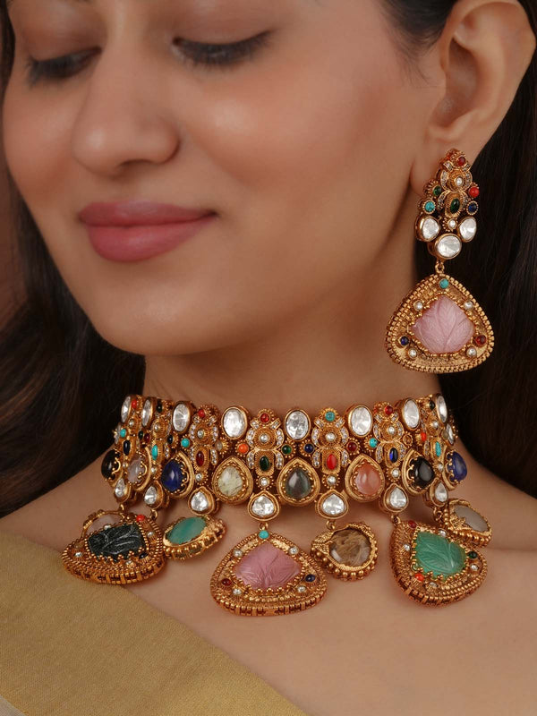 Navratna Gold Plated Navratna Necklace Set - NR-S4